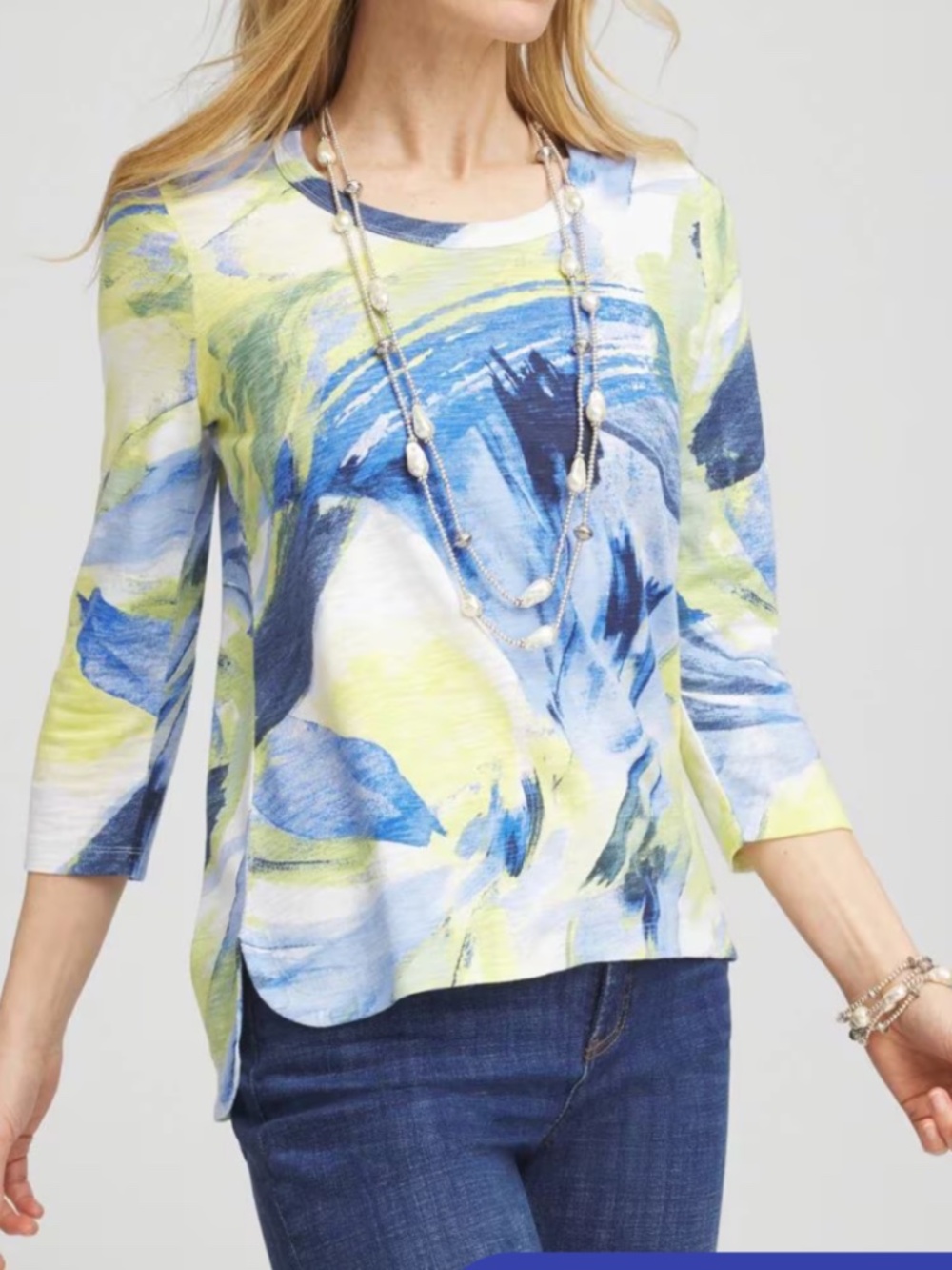 Chico's Watercolor Slub Scoop Neck Tee Luxuriously Top Soft Blue Yellow Sz 3 /XL - Picture 6 of 13